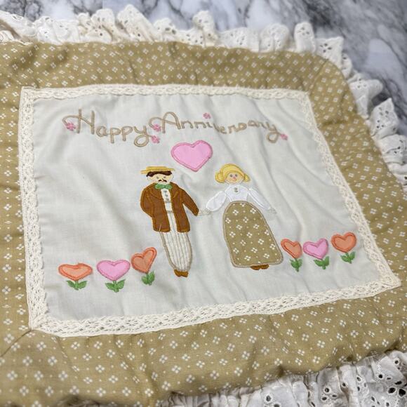 Vintage Anniversary Embroidered Pillowcase House Of Hatten Lace Ruffle Heart - Picture 1 of 6